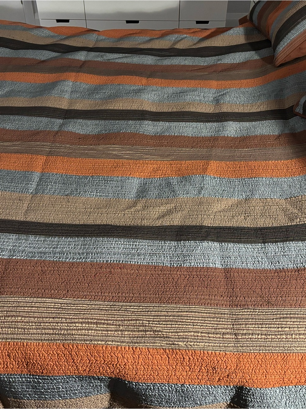 Striped Quilted Bedspread in Orange, Brown & Light Blue